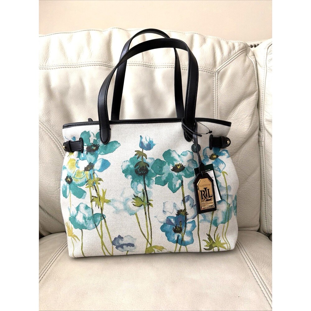 Ralph Lauren Tote Bag Shopper Canvas Lagoon Floral Blue Green NWT